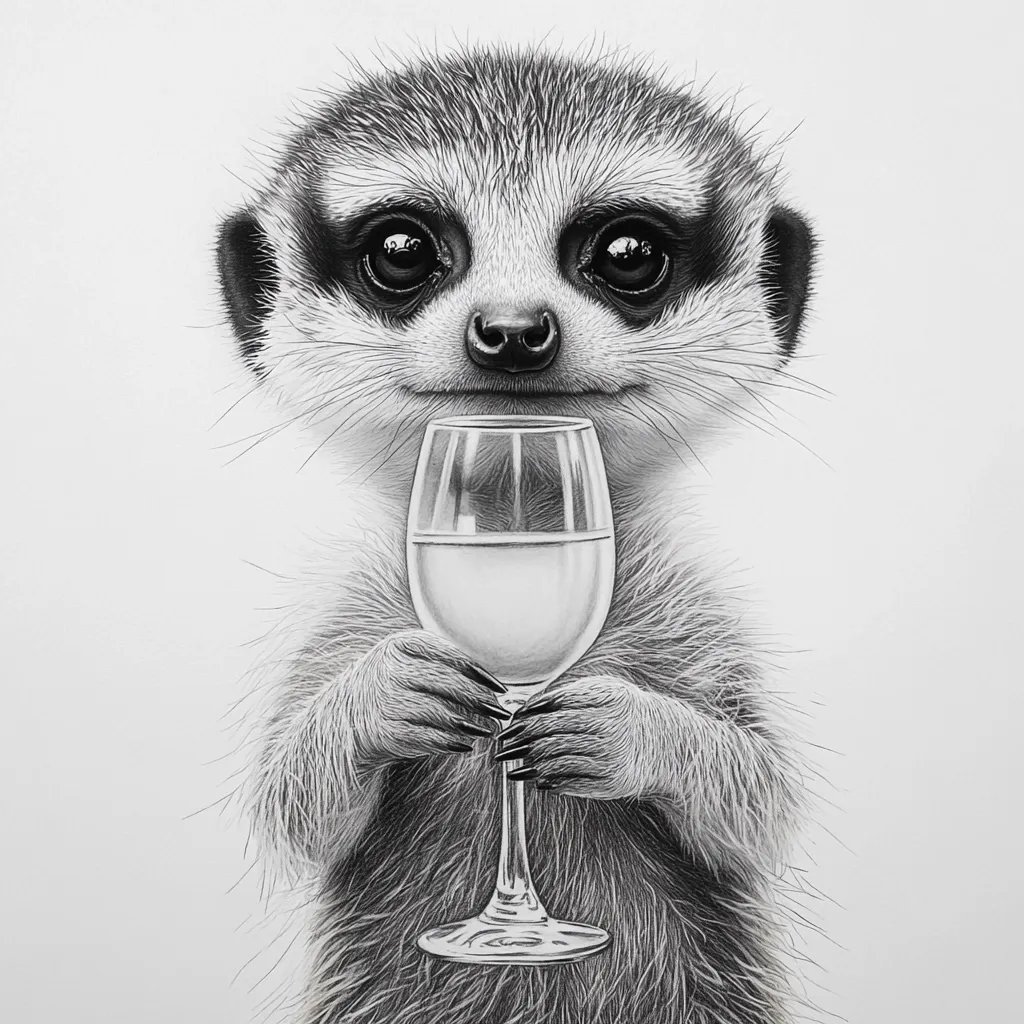 A meticulously detailed pencil drawing depicts a meerkat holding a stemmed wine glass.  The meerkat's expression is serene and slightly amused, its large eyes captivating.  The fur is rendered with fine lines, creating a realistic texture. The glass appears filled with a pale liquid, enhancing the sophisticated ambiance of the piece. The overall style is realistic with a touch of whimsy.