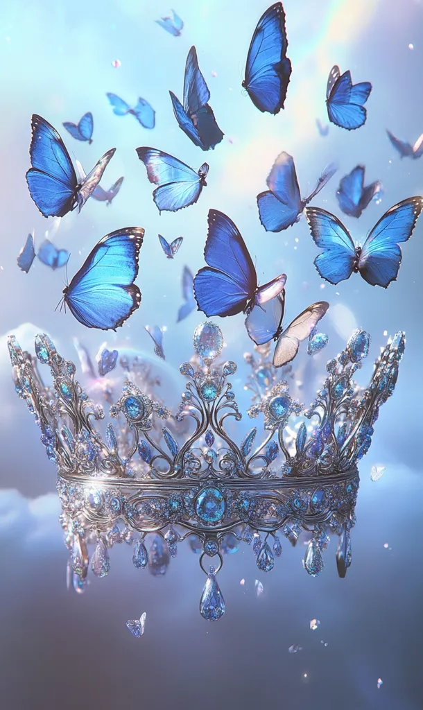 A sparkling silver crown adorned with light blue gems is the centerpiece of this ethereal image.  Numerous delicate blue butterflies flutter around and beneath the crown, creating a magical, dreamlike scene set against a soft blue sky.  The overall effect is one of grace, fantasy, and serene beauty.
