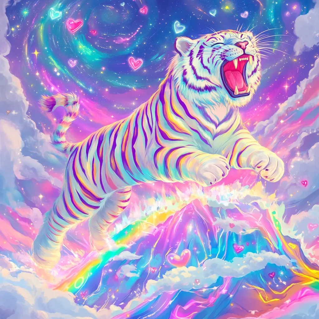 A vibrant, iridescent white tiger leaps towards a rainbow-hued mountain amidst a pastel cosmos.  Hearts and sparkles float around the tiger, which roars with its mouth open. The scene is dreamlike and fantastical, filled with bright colors and whimsical elements, suggesting a magical or celestial setting.  The overall aesthetic is playful and surreal.