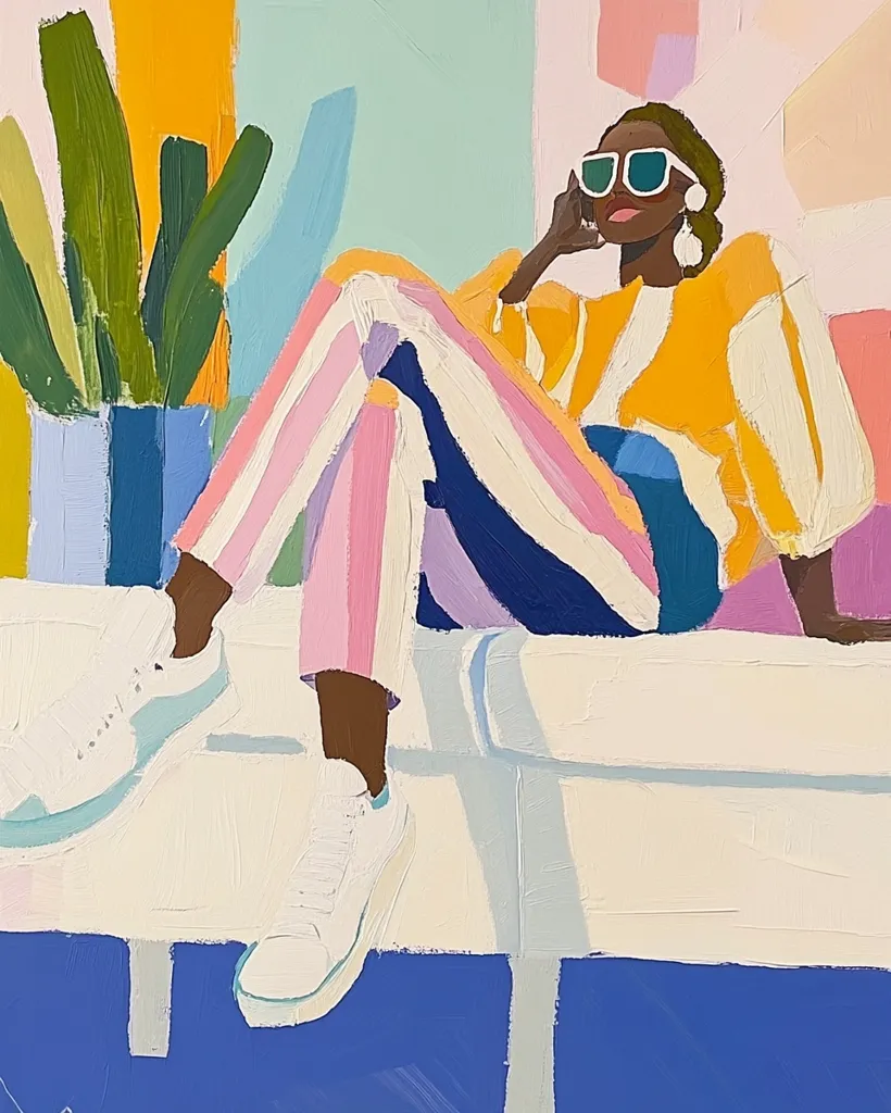 A vibrant painting depicts a stylish Black woman relaxing. She wears a yellow sweater and multicolored striped pants, complemented by white sneakers and sunglasses.  Her pose is relaxed, one hand resting on her chin, as she sits on a light-colored bench against a backdrop of bold, geometric shapes and a potted plant. The artwork is characterized by bold brushstrokes and a playful color palette.
