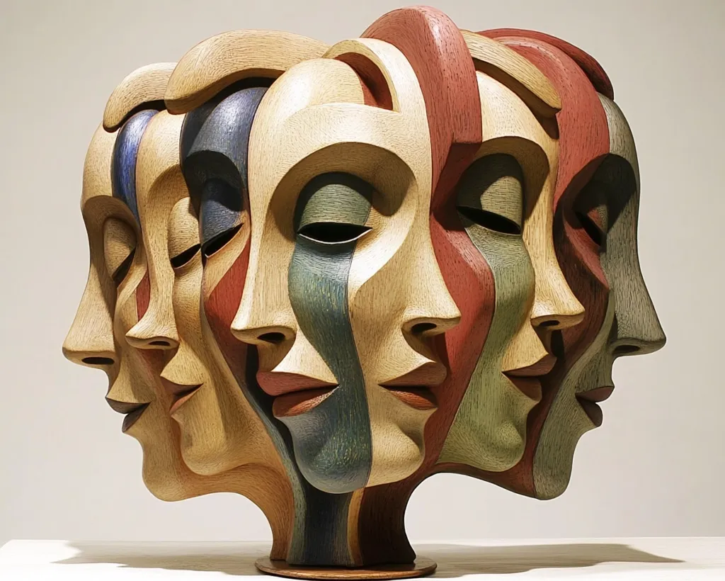 A striking wooden sculpture features four stylized faces, each with a serene expression, seamlessly merging into one another.  The faces are carved with vertical stripes of varying colors, predominantly earth tones with accents of blue and red.  The piece is meticulously crafted, showcasing the artist's skill in capturing both individual features and the unified whole. The sculpture rests on a small, dark base.