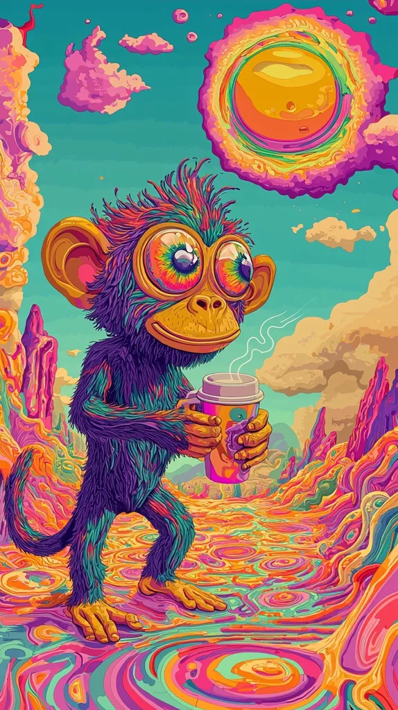 A vibrant, psychedelic illustration features a cartoon monkey with tie-dye-colored fur and large, expressive eyes.  The monkey holds a steaming cup, seemingly enjoying a beverage.  The background is a surreal landscape of swirling, rainbow-hued colors and abstract shapes, including a large, colorful sun-like orb in the sky. The overall style is whimsical and trippy.