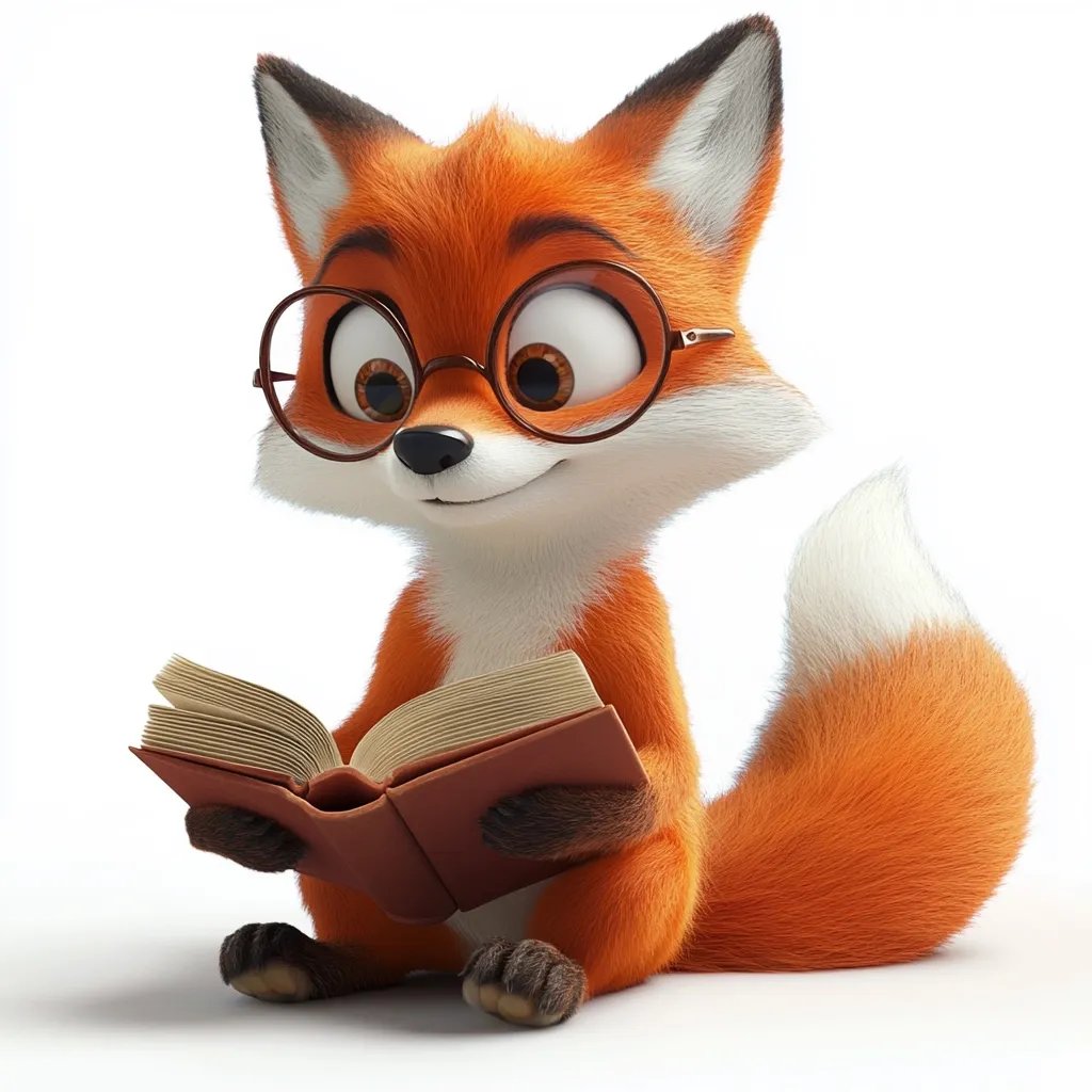An adorable, cartoon fox, wearing round glasses, sits attentively reading a book.  Its fluffy orange fur and large, expressive eyes convey a sense of charm and intelligence. The book is open, revealing its pages, and the fox holds it gently in its paws.  The image is bright, clean, and evokes a feeling of warmth and curiosity.
