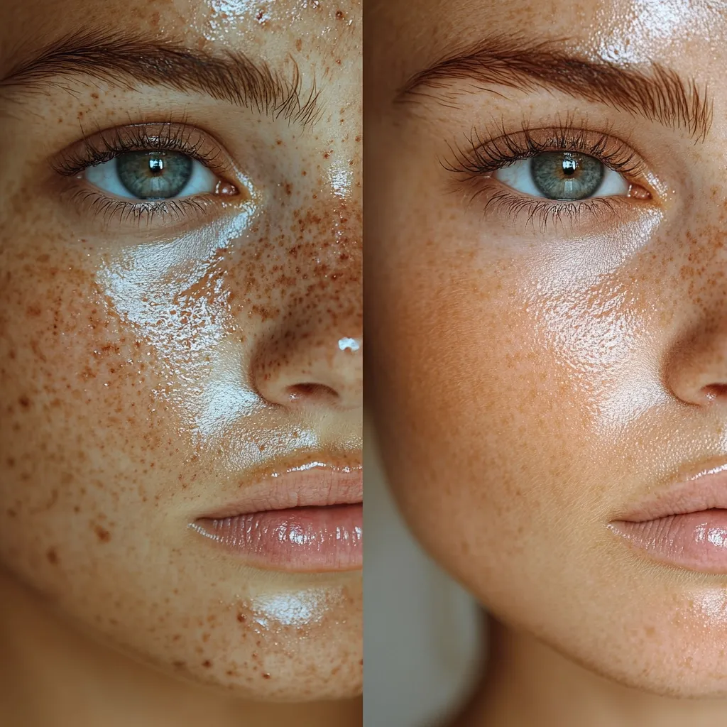 A split image showcases a before-and-after comparison of a woman's face.  The left side displays skin with visible freckles and a slightly uneven texture, while the right reveals smoother, more even-toned skin. The difference highlights the impact of skincare or photo editing, showcasing improved skin clarity and luminosity.  The woman's eyes and eyebrows remain consistent, emphasizing the transformation in her complexion.