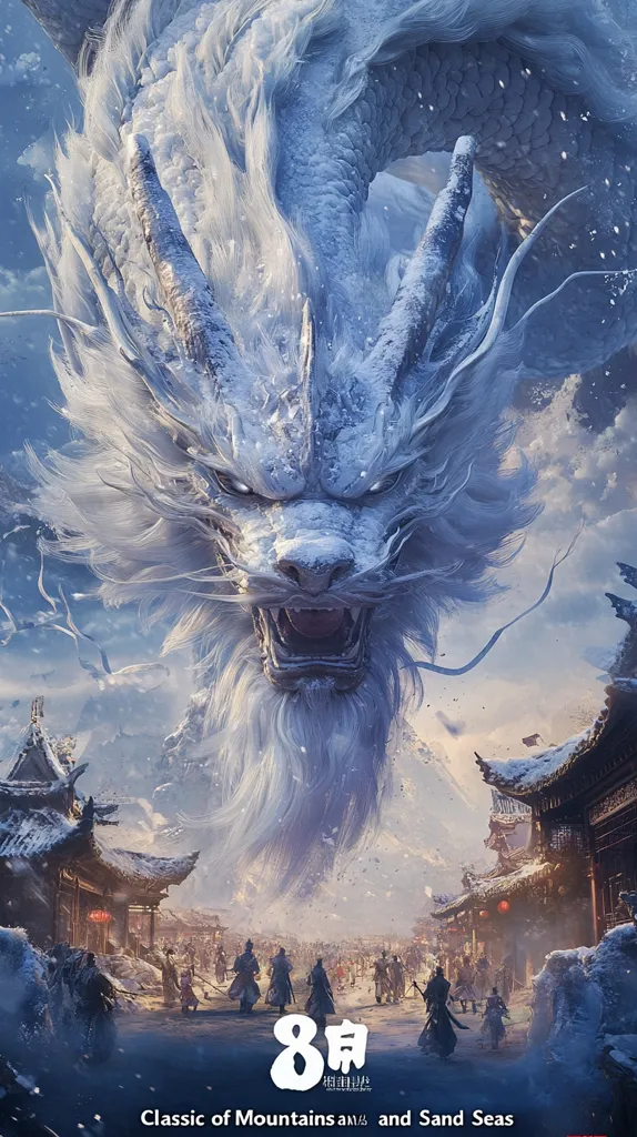 A colossal, snow-covered white dragon dominates the poster, its massive head looming over a snow-dusted ancient Chinese town.  People in traditional clothing are seen below, dwarfed by the mythical beast. The text "8月" and "Classic of Mountains and Sand Seas" suggest a film or artwork release date and title, invoking a fantastical, epic story.
