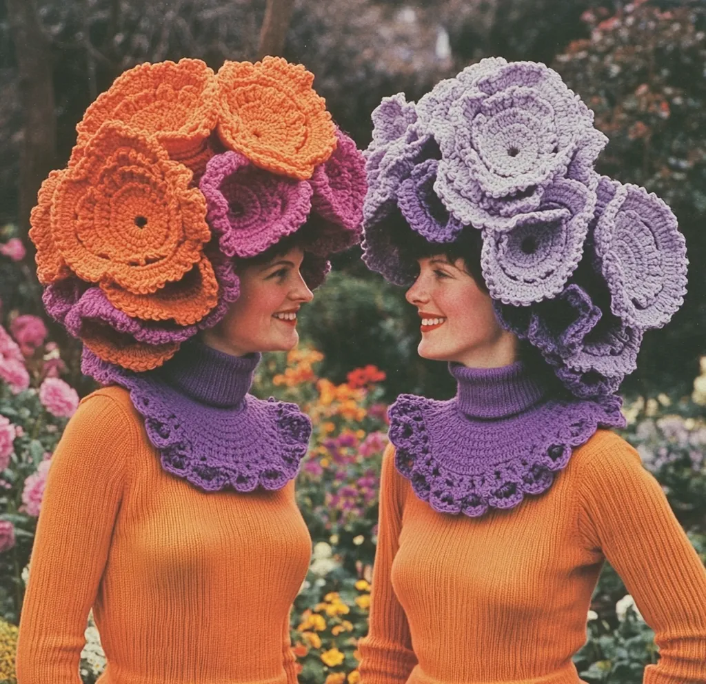 Two women are shown facing each other, wearing matching orange turtlenecks and large, crocheted flower hats and collars.  One hat is predominantly orange and purple, the other lavender and purple.  The vibrant colors contrast with the lush garden background, creating a striking vintage image. The clothing and hairstyles are characteristic of the 1970s.