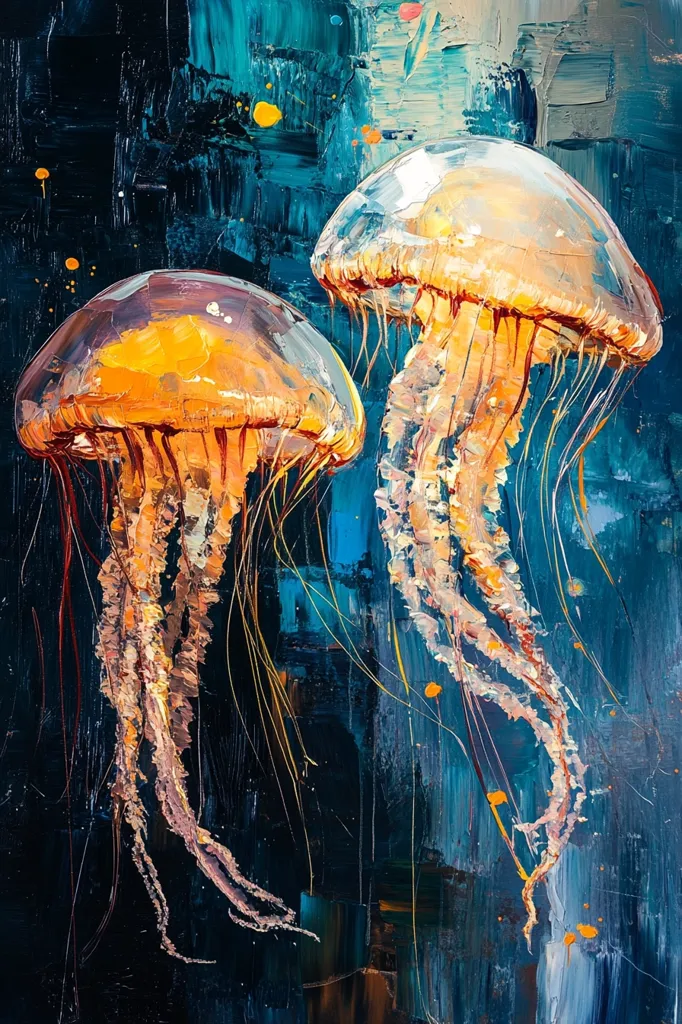 A vibrant oil painting depicts two jellyfish gracefully floating against a dark teal background.  The jellyfish are rendered with thick, textured paint, their translucent bells glowing with warm orange and yellow hues.  Long, delicate tentacles trail downwards, contrasting with the impasto style of the jellyfish's bodies.  The background is a blend of deep blues and greens, punctuated by splashes of brighter colors, creating a dynamic and expressive underwater scene.