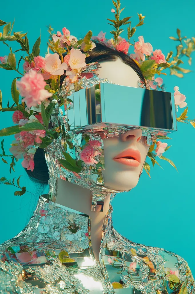 A woman's face is partially obscured by a mirrored, fragmented visor and a crown of delicate pink flowers. Her outfit is a shimmering, mosaic-like garment reflecting light. The turquoise background contrasts sharply with the pastel flowers and metallic textures, creating a surreal and visually striking image that blends nature and technology.  The overall aesthetic is futuristic and ethereal.