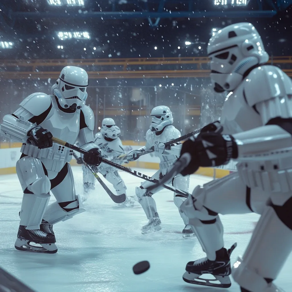 Stormtroopers, clad in their iconic white armor, engage in an intense ice hockey match.  Snow falls gently as they battle for possession of the puck, their movements a blend of robotic precision and surprising agility.  The scene is set in a large, dimly lit arena, creating a dramatic and unexpected juxtaposition of sci-fi and sports.  The focus is on the action, with players striving for a goal amidst the wintry ambiance.