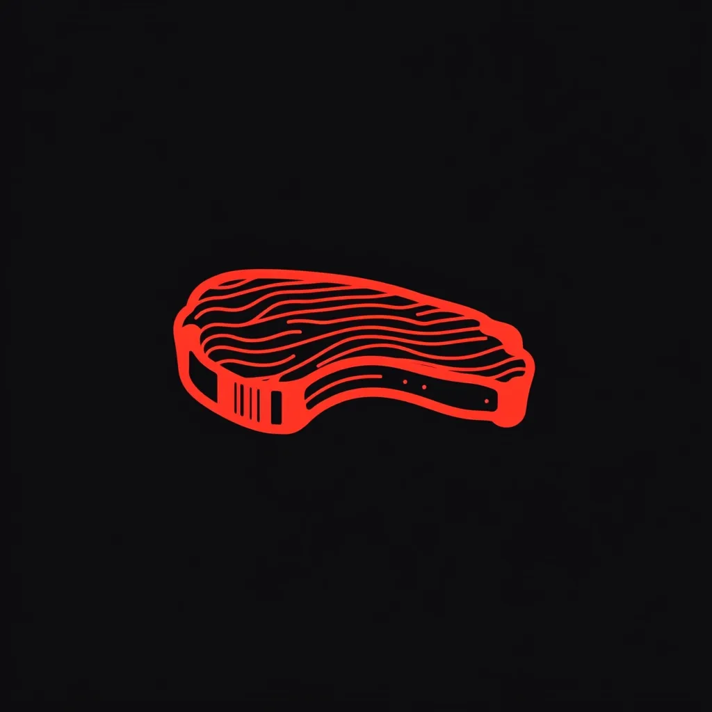 A red line drawing of a steak is prominently displayed against a stark black background.  The steak is depicted in a simple, hand-drawn style, emphasizing its marbling and shape.  The contrast between the vibrant red and deep black creates a visually striking and memorable image, ideal for a logo or menu design.
