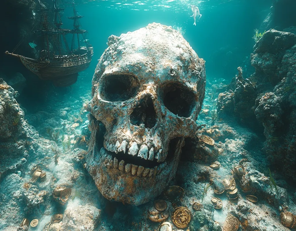 An underwater scene depicts a massive, ancient skull resting on the ocean floor amidst scattered gold coins.  A sunken pirate ship lies in the background, partially obscured by the turquoise water.  The skull is encrusted with marine life and appears to be part of a larger underwater wreckage, suggesting a lost treasure or pirate's grave.  The overall atmosphere is one of mystery and adventure.