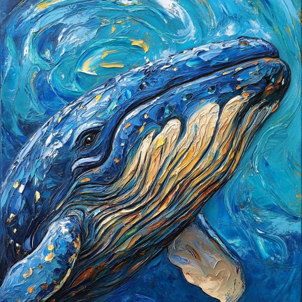 A vibrant oil painting depicts a humpback whale in a dynamic, swirling ocean. The artist uses thick, textured brushstrokes to capture the whale's form, emphasizing its folds and the movement of the water.  Blues, golds, and hints of brown create a rich palette, conveying both depth and energy.  The whale's eye is visible, adding a sense of life and connection to the viewer. The impasto technique gives the piece a three-dimensional quality.