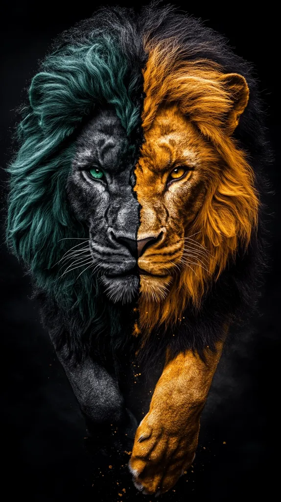 A digitally altered image depicts a lion split down the middle, one half a dark teal, the other a vibrant gold.  The lion's intense gaze is direct, its powerful paws forward in a walking stance.  The dark background accentuates the contrasting colors and the lion's majestic presence, creating a dramatic and visually striking effect.  The image suggests duality or opposing forces.