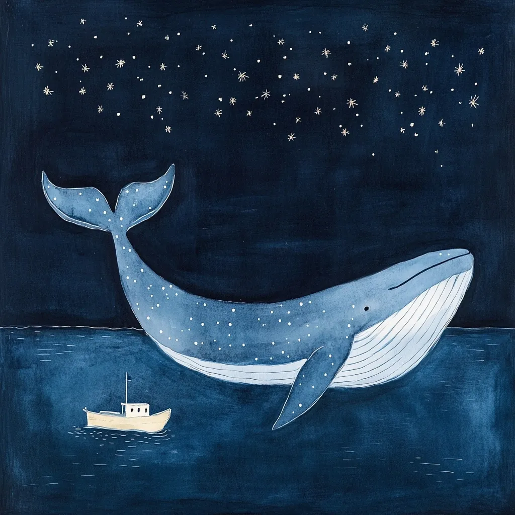 A watercolor painting depicts a serene nighttime ocean scene. A large blue whale, speckled with white dots, swims peacefully under a starlit sky.  A tiny yellow boat floats in the foreground, emphasizing the whale's immense size. The dark blue tones of the water and sky create a calming and magical atmosphere. The overall style is whimsical and charming.
