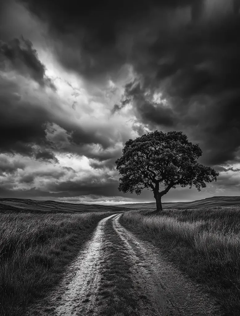 A solitary tree stands sentinel beside a winding dirt road, stretching across a vast, grassy field under a dramatic, dark sky.  Heavy, brooding clouds fill the upper portion of the frame, creating a stark contrast with the lighter tones of the landscape below. The monochrome palette emphasizes the mood of quiet solitude and impending weather.