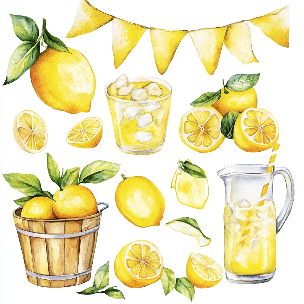A watercolor illustration of lemons and lemonade.  Whole lemons, lemon slices, and a wooden bucket filled with lemons are depicted.  A glass and a pitcher of lemonade with ice are shown, along with a yellow bunting.  The style is bright, cheerful, and perfect for summer-themed designs.