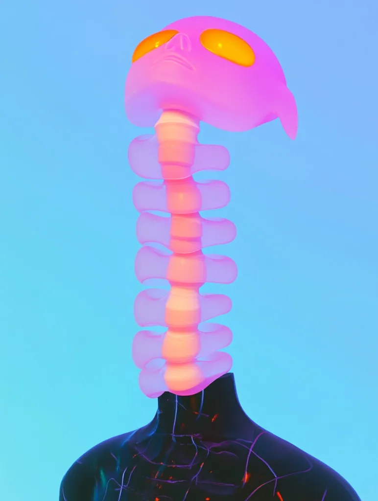 A vibrant, surreal image depicts a pink alien head seemingly floating atop a translucent, glowing spinal column.  The column connects to a dark, almost skeletal-looking torso against a bright blue backdrop.  The colors are intensely saturated, creating a striking contrast and a dreamlike, otherworldly aesthetic.  The piece suggests themes of anatomy, science fiction, and artistic expression.