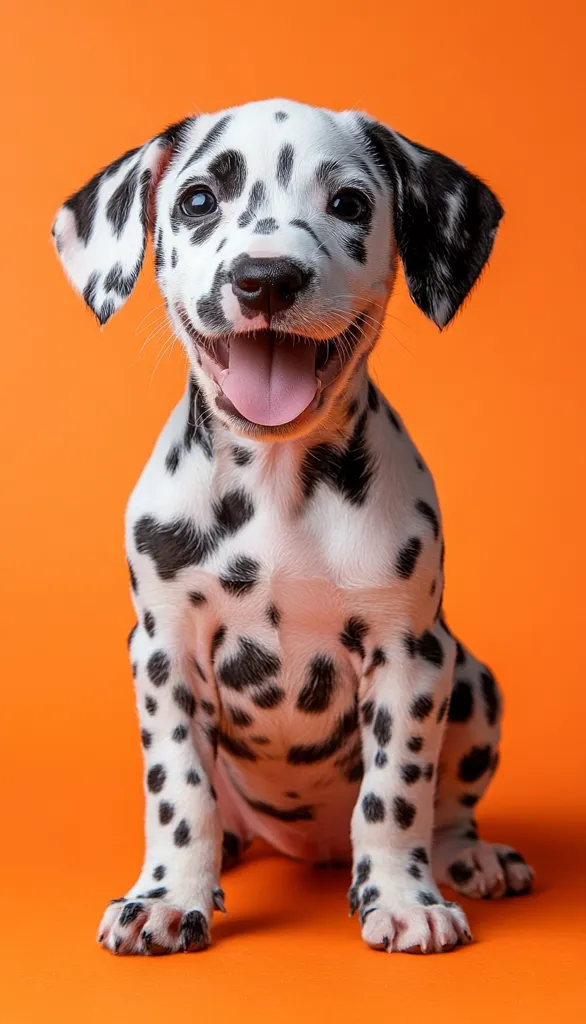 An adorable Dalmatian puppy sits against a vibrant orange background. Its characteristic black spots are clearly visible on its white fur. The puppy has a cheerful expression, its tongue playfully hanging out, and its eyes sparkle with happiness.  It is positioned centrally, capturing full attention. The overall image is bright, cheerful, and conveys a sense of playful energy.