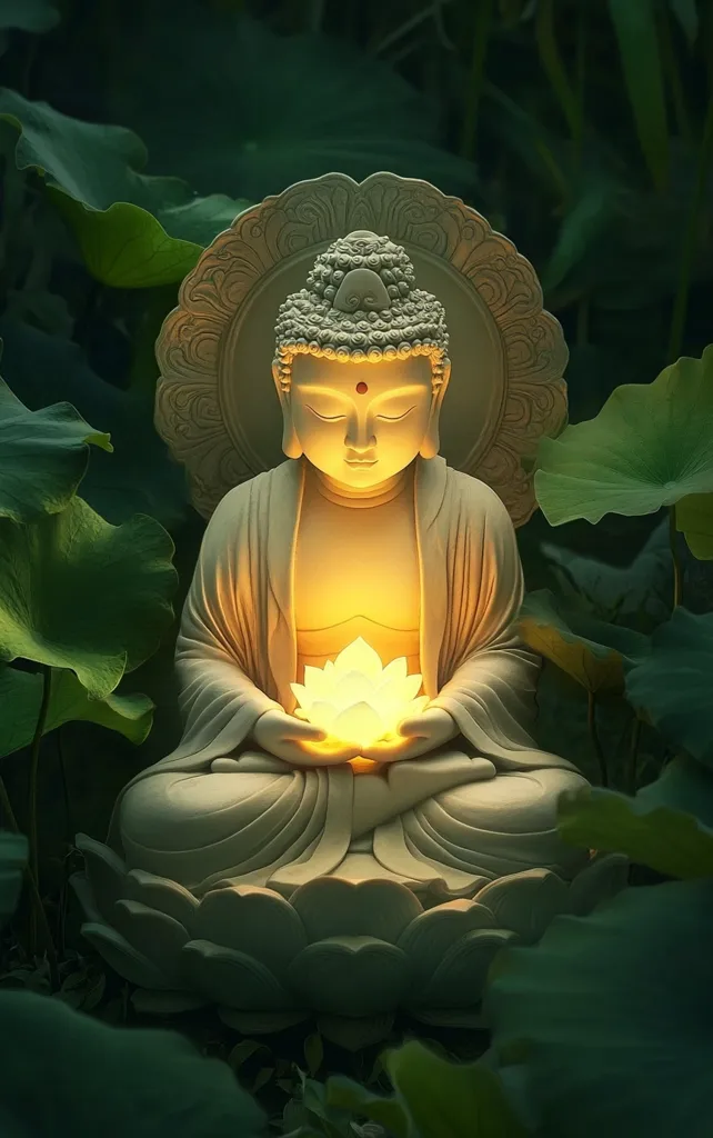 A serene statue of Buddha, illuminated from within, sits in a lotus position amidst lush green foliage.  The statue is intricately detailed, and a glowing lotus flower rests in Buddha's hands. The soft light creates a peaceful and meditative atmosphere. The scene is tranquil and evokes a sense of calm and spiritual reflection.