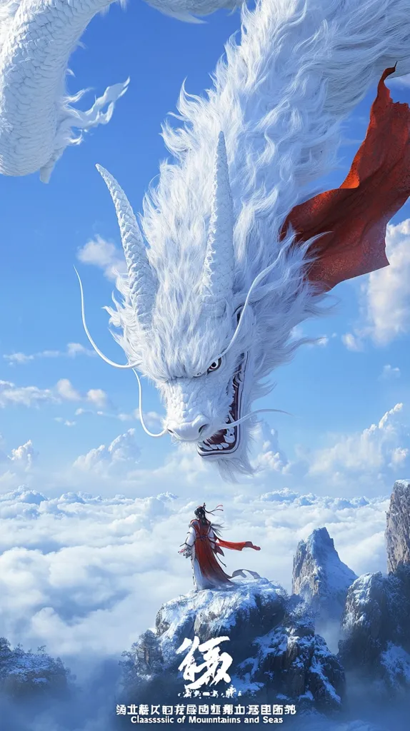 A majestic, white dragon with flowing mane and red cloth descends from a bright blue sky, its head looming over a lone figure in red and white robes standing on a snow-capped mountain peak amidst a sea of clouds.  The scene evokes a sense of awe and wonder, perhaps depicting a mythical encounter or a classic tale of mountains and seas.