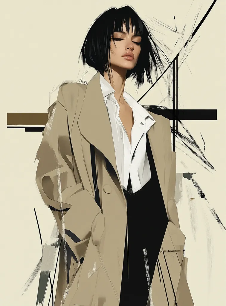 A stylish illustration of a woman with short black hair wearing a beige trench coat over a white shirt and black pants.  The art style is modern and slightly abstract, with painterly brushstrokes in the background creating a dynamic and fashionable feel. The woman's eyes are closed, suggesting a serene or thoughtful mood.  The overall image is elegant and sophisticated.
