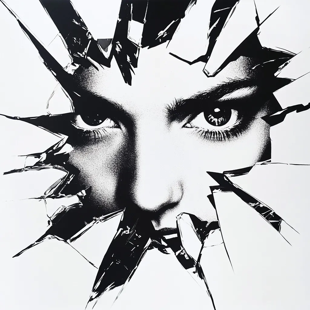 A striking black and white artwork depicts a woman's face emerging from a shattered mirror or glass.  Her intense gaze is accentuated by the sharp contrast and fragmented background.  The style is graphic and dramatic, suggesting themes of vulnerability, strength, or breaking free. The image is powerful and visually arresting.