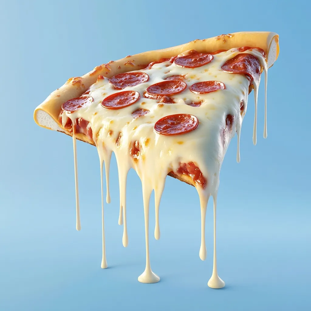 A delicious slice of pepperoni pizza is suspended against a light blue background.  The melted cheese stretches down in long, gooey strings, creating a visually appealing and appetizing image.  The pizza appears freshly baked, with vibrant toppings and a golden crust.  The overall presentation is both mouthwatering and playful.