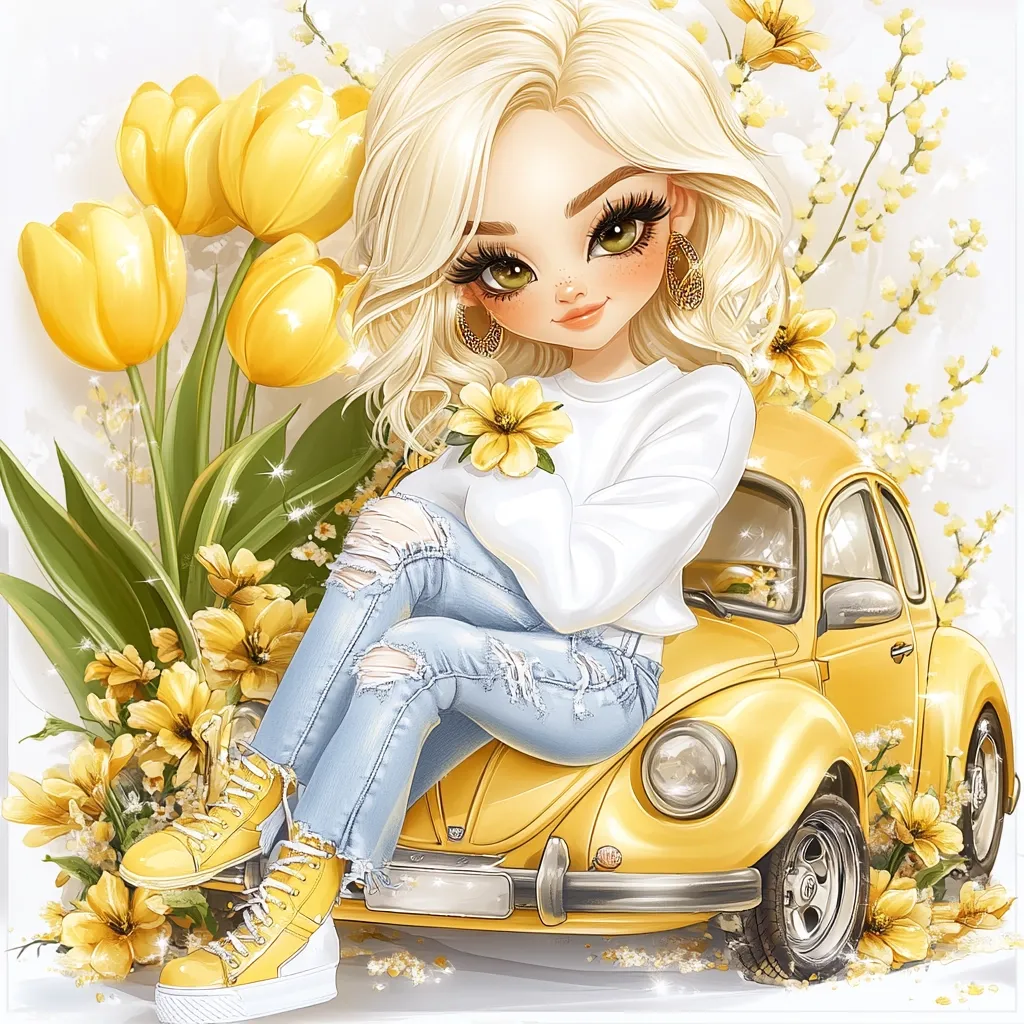 An adorable blonde girl with large eyes and gold earrings sits on a yellow Volkswagen Beetle.  She wears a white sweater and distressed light blue jeans, complemented by yellow high-top sneakers.  Surrounding her are vibrant yellow tulips and smaller yellow flowers, creating a cheerful, spring-like scene. The image is rendered in a digitally painted, stylized fashion, typical of character illustrations.