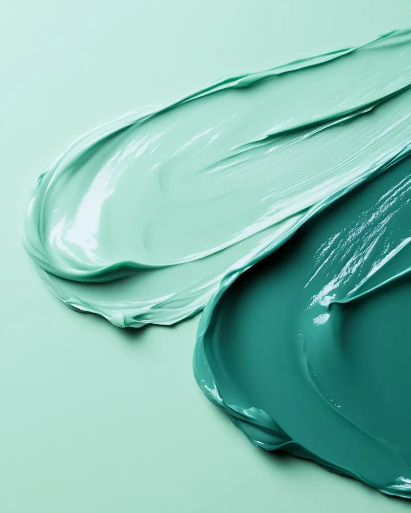 Two swatches of creamy, teal-colored paint are artfully swirled on a pale green background.  The top swatch is a lighter shade, while the bottom is a deeper, richer teal.  The paint's texture is smooth and glossy, with visible brushstrokes creating dynamic curves and shapes.  The image evokes a sense of serenity and sophistication.