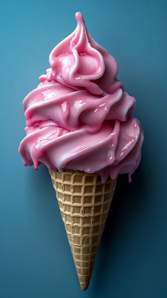 A melting pink soft-serve ice cream cone sits against a teal background.  The ice cream is generously piled high, overflowing the waffle cone and dripping down the sides. The vibrant color and melting texture create a visually appealing image of a summer treat.  The contrast between the bright pink and the cool blue backdrop enhances the overall aesthetic.