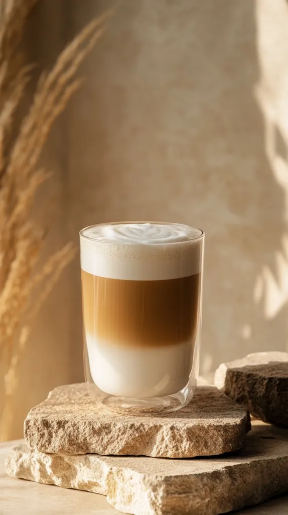 A latte sits atop rustic, light beige stone coasters.  The latte, in a clear glass, displays a creamy, layered texture with a delicate foam design.  A blurred background features a beige wall and dried pampas grass, creating a warm, inviting ambiance. The sunlit scene evokes a feeling of calm and relaxation.