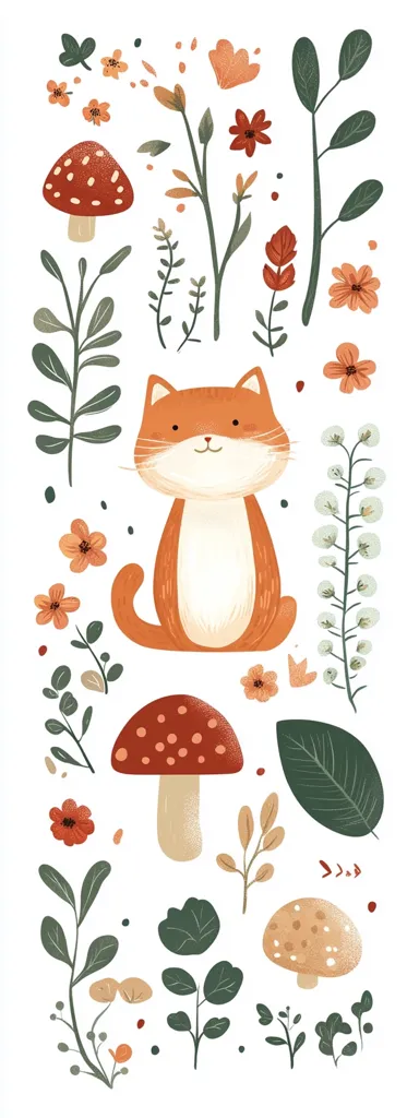 An adorable orange cat sits serenely amidst a charming arrangement of autumnal flora and fungi.  Red and orange wildflowers, delicate green leaves, and two spotted mushrooms create a whimsical, nature-inspired scene. The illustration is simple yet detailed, with soft colors and a gentle aesthetic. The cat's peaceful expression adds to the overall calming and charming atmosphere.