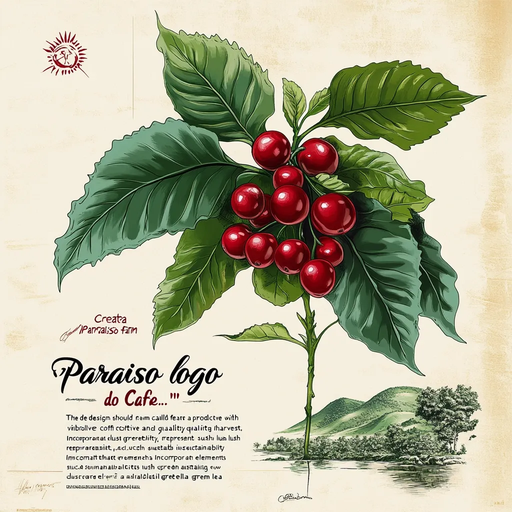 A botanical illustration showcases a coffee branch laden with ripe, red coffee cherries.  Green, lush leaves surround the fruit.  The design incorporates a landscape of hills and water. Text below describes the logo design concept, emphasizing a productive and high-quality harvest, sustainability, and lush imagery. The "Paraiso logo do Cafe" is prominently displayed.