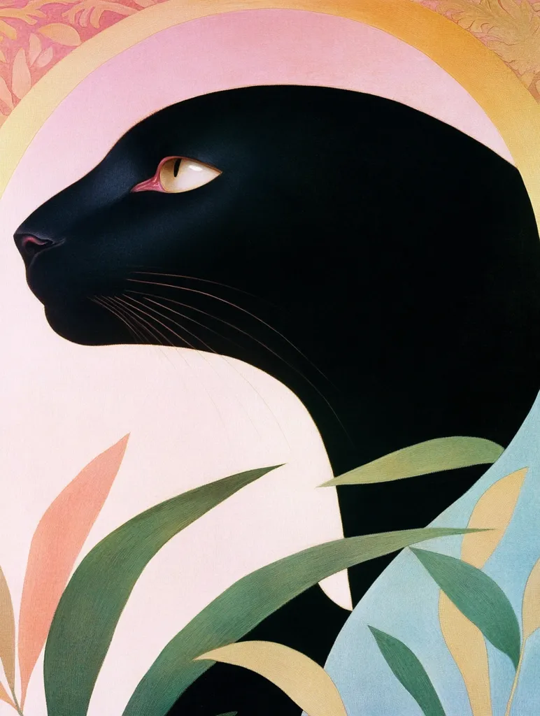 A stylized profile of a black cat is presented against a pastel background.  The cat's form is sleek and elegant, rendered in deep black against soft pinks and muted greens.  Long, stylized leaves partially obscure the cat, adding a sense of mystery and depth.  The artwork employs a bold, graphic style, reminiscent of art deco or mid-century modern design.  A subtle arc frames the cat's head, enhancing the overall composition's harmonious balance.