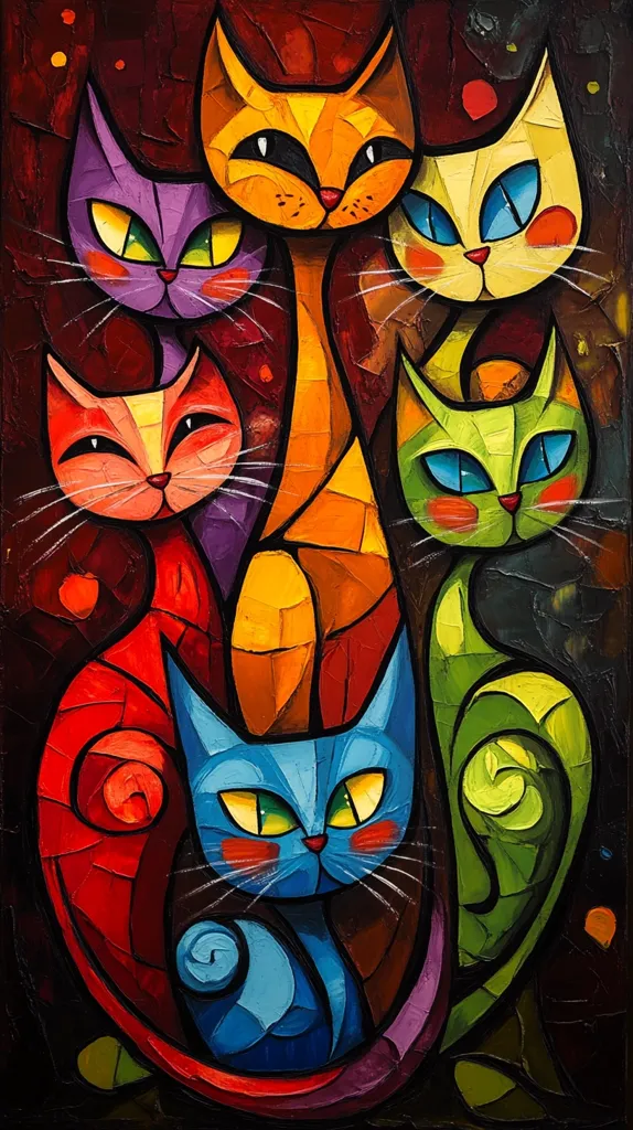 A vibrant, stylized painting depicts a group of cats in a close arrangement.  The cats are rendered in bold, geometric shapes with contrasting colors, including red, orange, purple, green, and blue.  Their expressions are expressive, and the overall style suggests a playful, almost cubist approach to feline representation. The dark background emphasizes the bright hues of the cats, creating a striking visual effect.