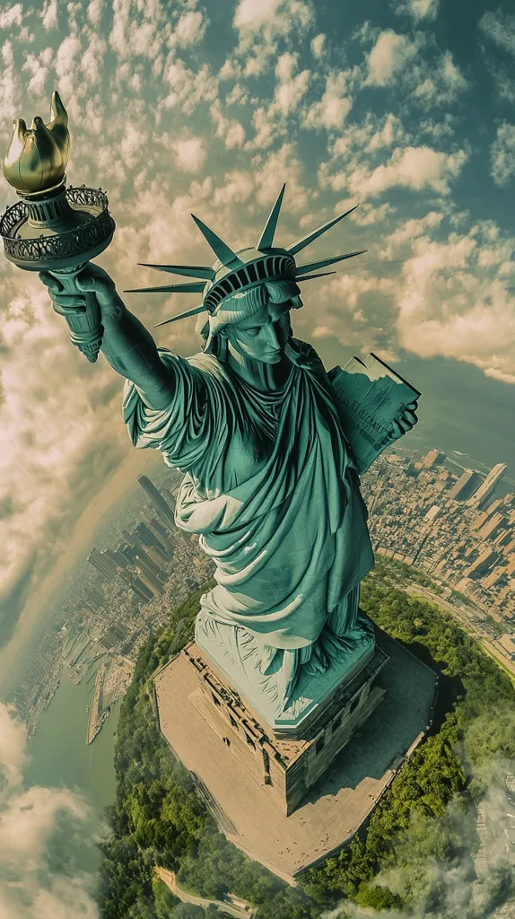 A dramatic aerial perspective showcases the Statue of Liberty, its torch held aloft against a backdrop of a partly cloudy sky. The statue's green patina is vividly displayed, along with the intricate details of its dress and crown.  Below, the New York City skyline and surrounding landscape are visible, creating a breathtaking contrast between the iconic monument and the sprawling metropolis.
