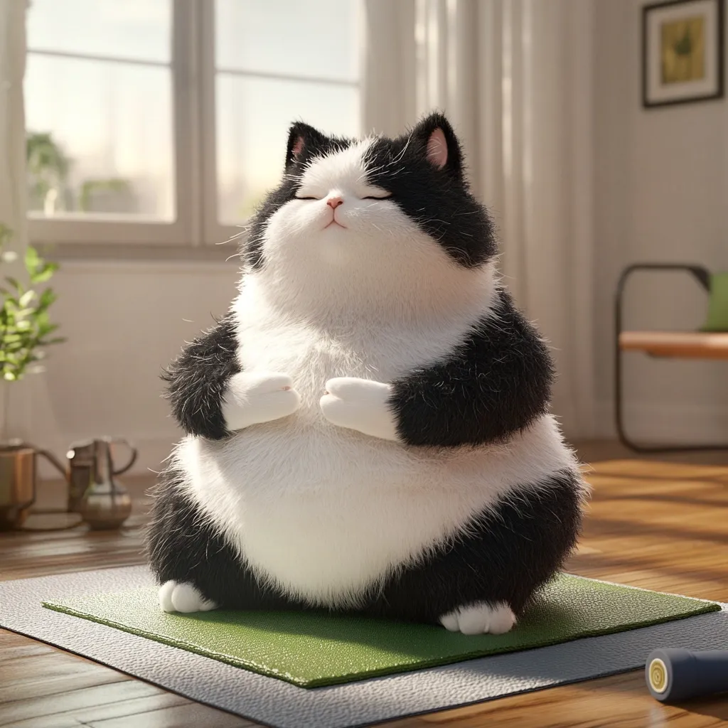 A fluffy, overweight tuxedo cat sits serenely in a lotus position on a green yoga mat.  Its eyes are closed, suggesting a state of peaceful meditation.  The cat's plush fur is meticulously detailed, and the sunlit room adds to the tranquil atmosphere.  A minimalist home setting surrounds the meditating feline.
