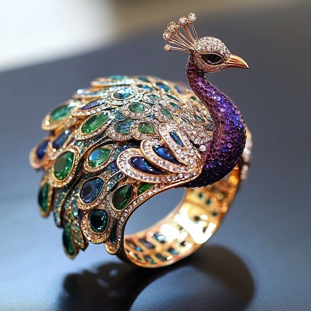 A stunning peacock-shaped bracelet crafted from gold and adorned with a multitude of precious gemstones.  Emeralds, sapphires, and diamonds meticulously create the peacock's vibrant plumage, while purple stones form its body. The detailed craftsmanship and luxurious materials showcase exquisite artistry. The bracelet is a captivating piece of jewelry, blending elegance and opulence.