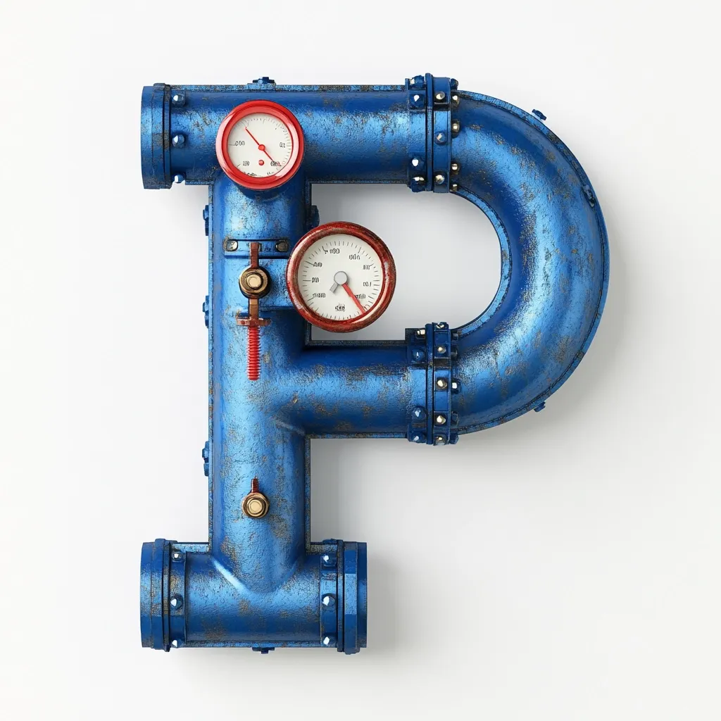 A stylized letter "P" constructed from blue, rusty pipes and fittings.  Two red gauges, suggesting pressure or flow measurement, are integrated into the design. The overall aesthetic is industrial and steampunk, combining mechanical elements with a weathered metal texture. The letter stands against a clean white background.