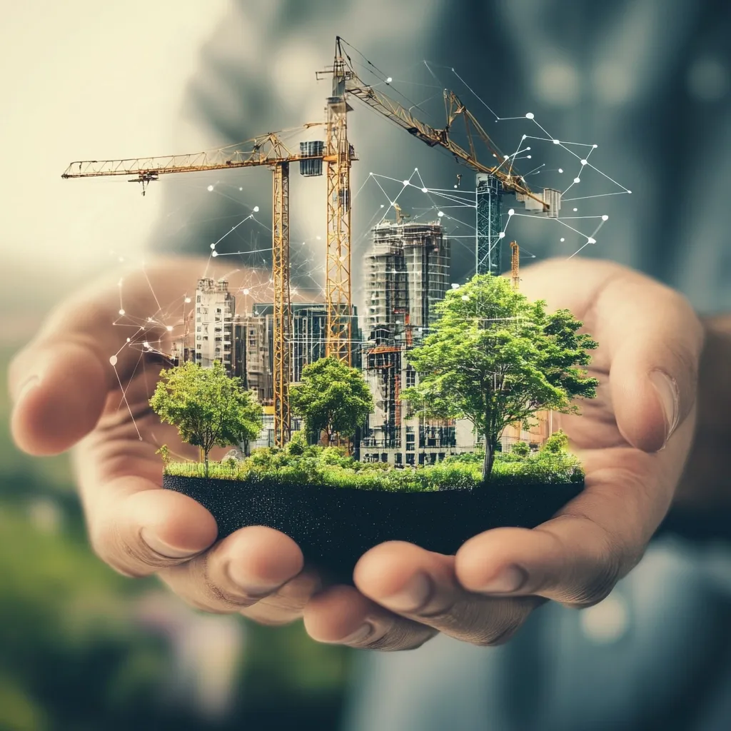 A pair of hands gently cradles a miniature cityscape.  Construction cranes and buildings are integrated with lush green trees, representing sustainable urban development.  A network of interconnected lines visually links the elements, symbolizing connectivity and smart city infrastructure. The image conveys a message of environmentally conscious urban planning and technological integration.