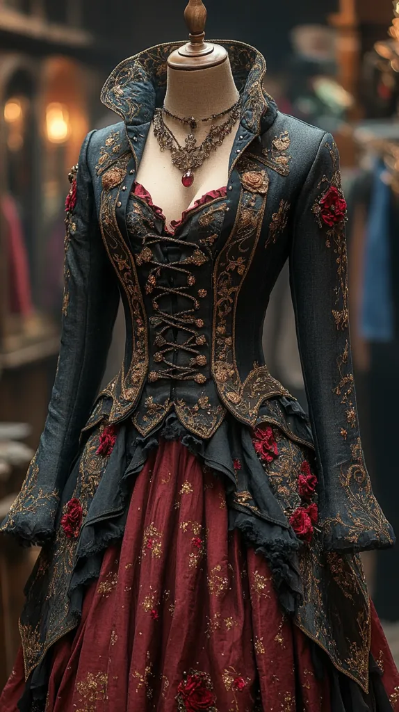 A dark, richly embroidered gown displayed on a mannequin.  The bodice is a dark, possibly black,  corset-style with gold detailing and dark red accents, overlaid by a jacket with similar embroidery. A maroon skirt falls to the floor, also adorned with gold and red accents.  The overall style evokes a romantic, perhaps gothic or historical, aesthetic.  A large ornate necklace completes the look.
