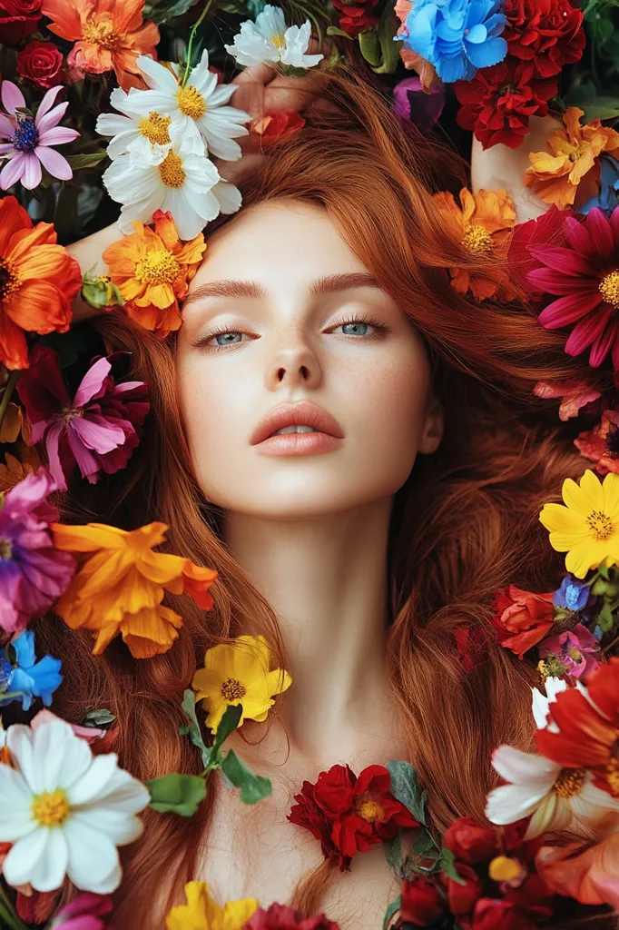A young woman with vibrant red hair lies surrounded by a profusion of colorful flowers.  Her face is serene, her eyes closed, as the blossoms create a vibrant, natural halo around her.  The image evokes a sense of beauty, peace, and the blossoming of spring or summer.  The flowers are a mix of daisies, cosmos, and other colorful blooms, creating a stunning visual contrast against her hair.