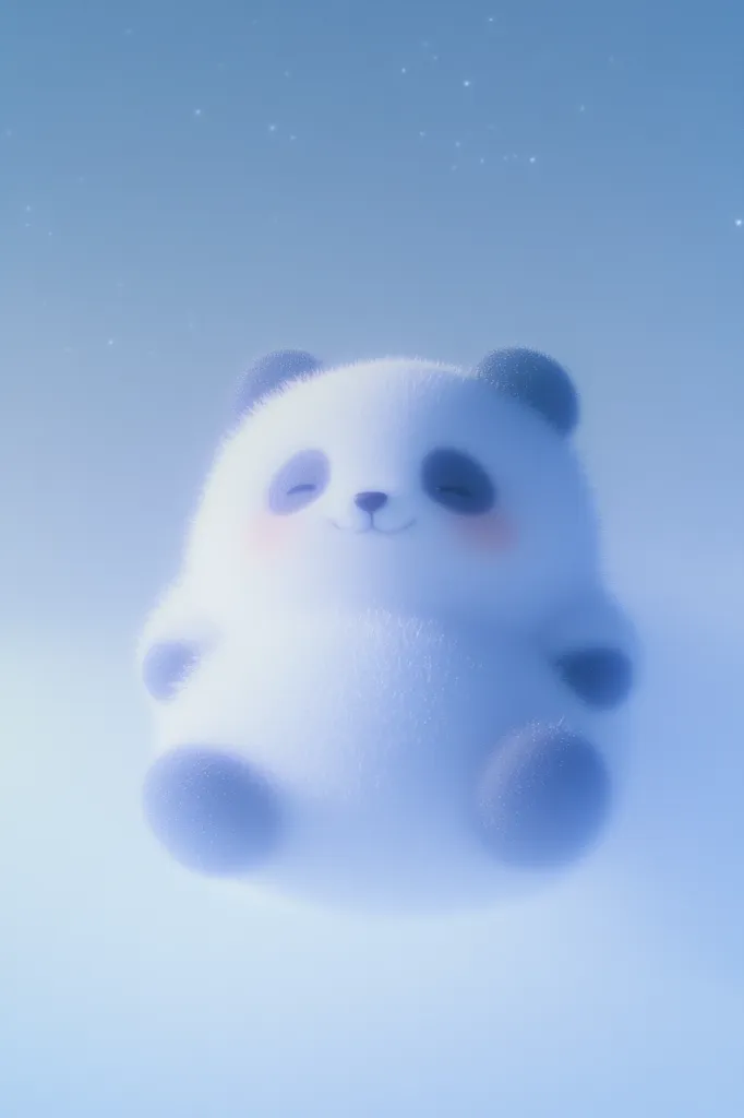 A fluffy, cartoon panda floats serenely against a soft blue, ethereal background.  Its eyes are gently closed, and a peaceful expression graces its face. The panda appears enveloped in a light mist, creating a dreamy, whimsical atmosphere.  Tiny sparkles add to the magical ambiance of the image.