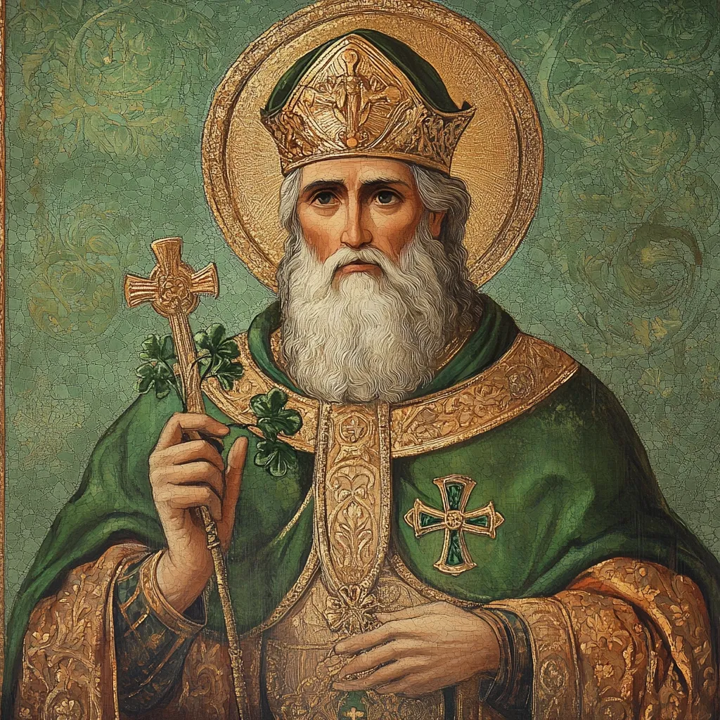 A portrait of Saint Patrick, depicted in ornate robes of green and gold. He wears a jeweled mitre and holds a shamrock sprig on a staff topped with a cross.  His long white beard and serious expression convey a sense of sanctity and authority. The painting style is reminiscent of religious iconography, with a textured, aged background.