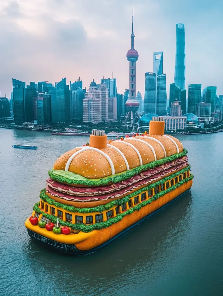 A giant hamburger-shaped boat floats on the water in front of the Shanghai skyline.  The detailed replica features bun, lettuce, tomato, and meat layers. The vessel is a unique and eye-catching sight against the backdrop of modern skyscrapers and the iconic Oriental Pearl Tower.  A small boat is visible in the distance.