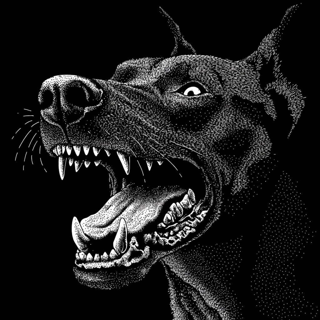 A black and white pointillist illustration depicts a Doberman Pinscher's head in profile, its mouth open in a fierce snarl.  Sharp teeth are visible, and the dog's expression is aggressive. The detail is meticulous, creating a stark and powerful image against the dark background.  The style is reminiscent of a stippled etching.