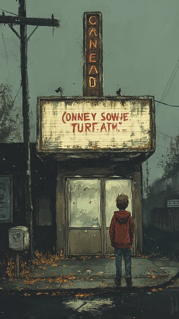 A lone child stands before a dilapidated building, its marquee displaying the faded words "CONNEY SOWJE TURF ATM."  The building, named "Canehead," is weathered and forlorn, reflecting the somber mood of the overcast day.  Fallen leaves litter the ground, adding to the sense of desolation. The overall atmosphere evokes a feeling of quiet loneliness and decay.