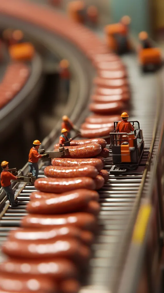 Miniature workers in orange hard hats operate a sausage production line.  A conveyor belt carries glistening, plump sausages.  Workers appear to be loading and moving the sausages along the line, with one worker operating a small forklift.  The scene is meticulously detailed, creating a captivating miniature world.