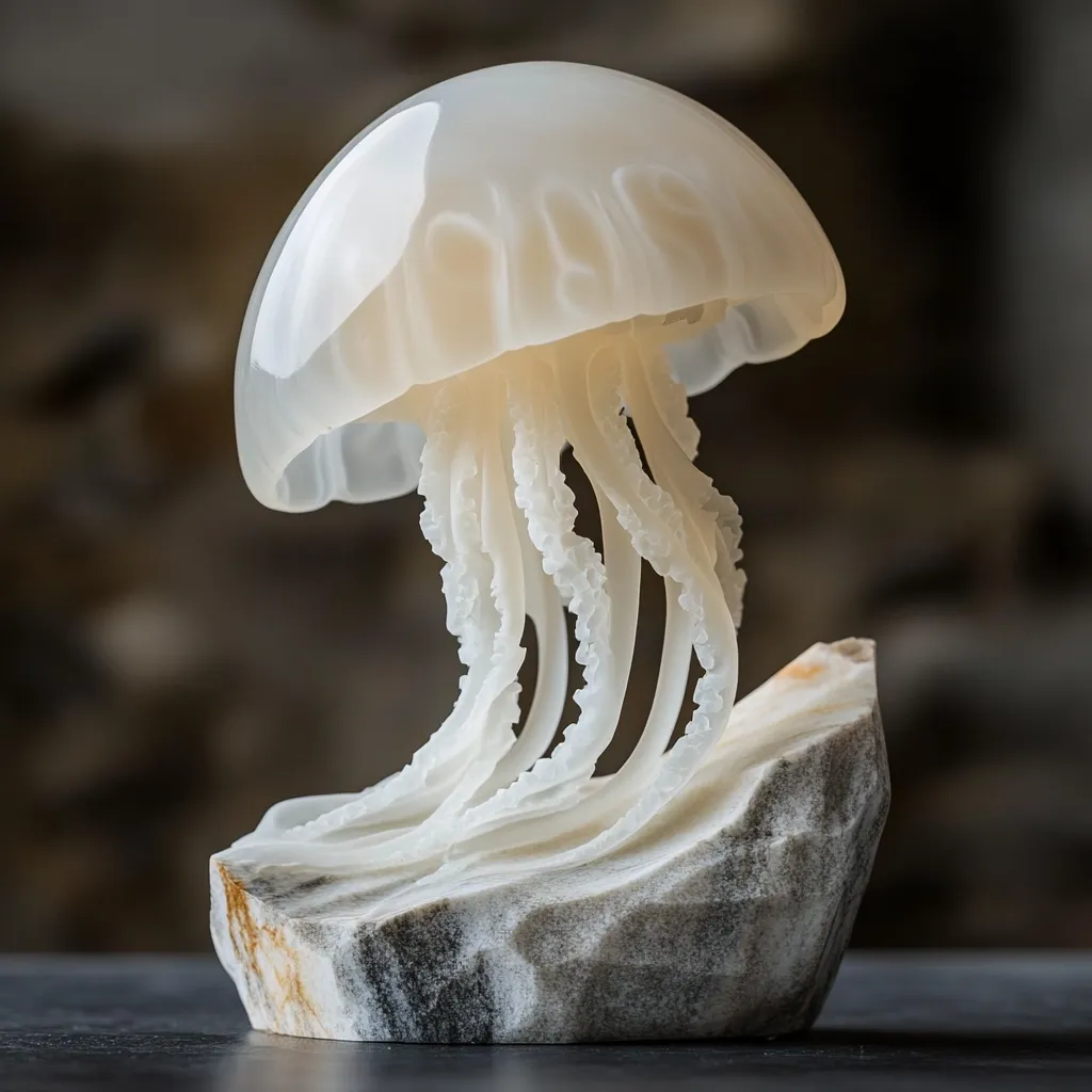 A meticulously carved alabaster sculpture depicts a jellyfish.  The translucent, off-white stone beautifully captures the bell's gentle curve and the delicate detail of its tentacles. The jellyfish rests on a sculpted base of grey and white marble, suggesting a rocky ocean floor.  The overall effect is both elegant and realistic, showcasing the artist's skill in capturing the fluidity of the sea creature in stone.