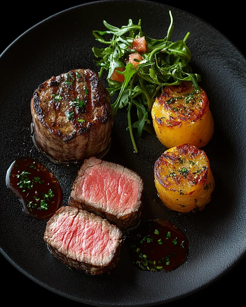 A gourmet meal is presented on a dark plate.  A perfectly seared beef tenderloin is sliced, revealing a luscious pink center.  Two roasted potato medallions and a vibrant arugula salad with tomato garnish accompany the steak.  A rich, dark sauce drizzled over the plate completes this elegant dish.